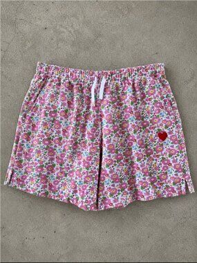 Preloved Floral Sweat Shorts XL Pink Heart Embroidered Made in Canada Coquette